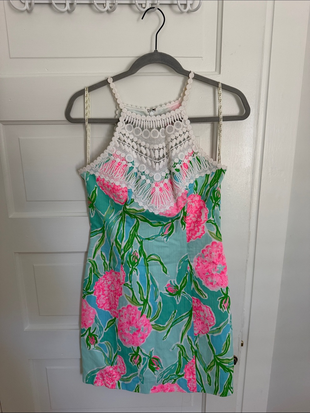 Lilly Pulitzer Pink Floral Halter Dress with White Crochet Yoke